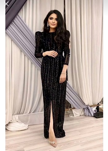 Boncuk İşlemeli Siyah Uzun Kollu Abiye Elbise - Görsel 2