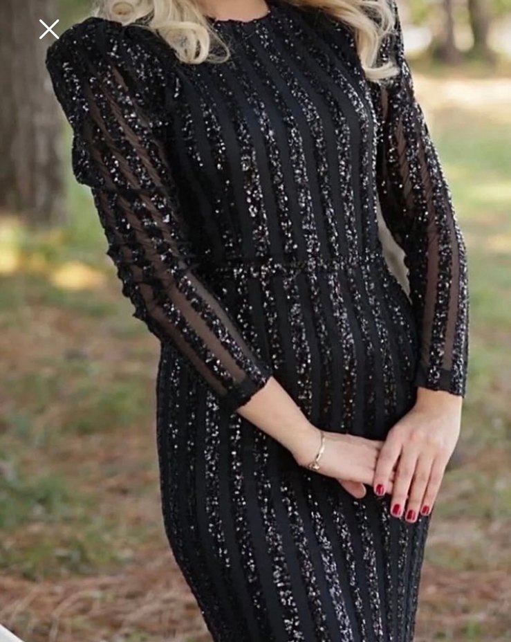 Boncuk İşlemeli Siyah Uzun Kollu Abiye Elbise - Görsel 3