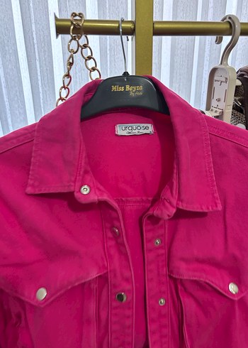 s Beden pembe Renk Pembe Mini Düğmeli Kadın Denim Ceket