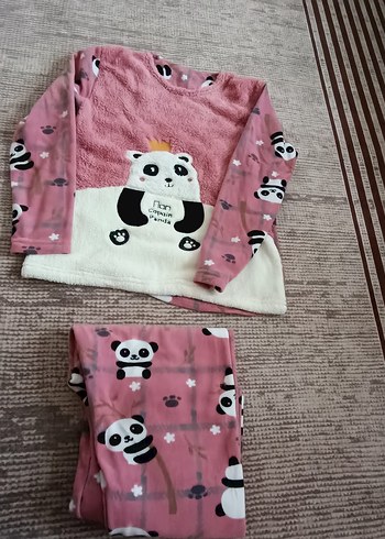 Standart Beden Beden pembe Renk Kız Çocuk Peluş Panda Desenli Pijama Takımı