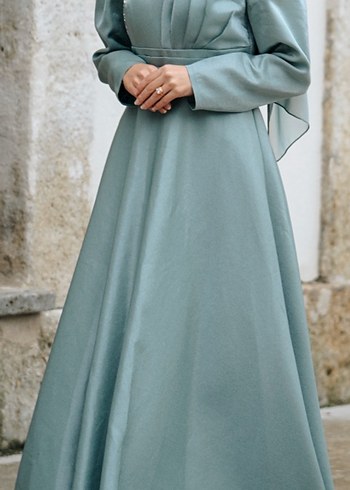 Uzun Kollu Turkuaz Tesettür Abiye Elbise - Görsel 2