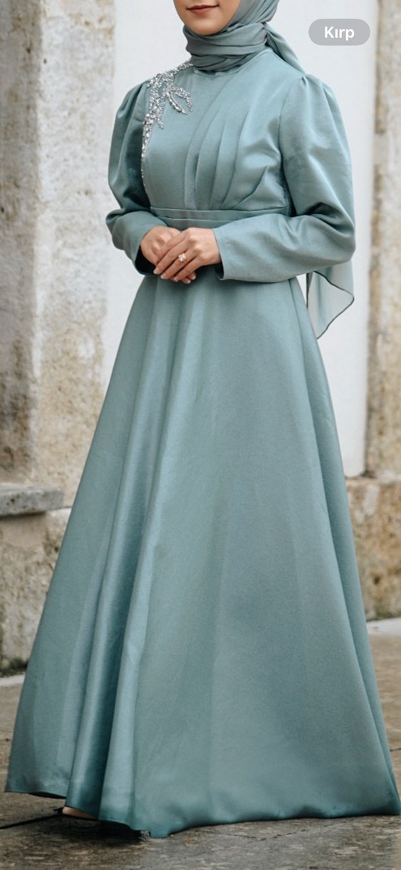 Uzun Kollu Turkuaz Tesettür Abiye Elbise - Görsel 2
