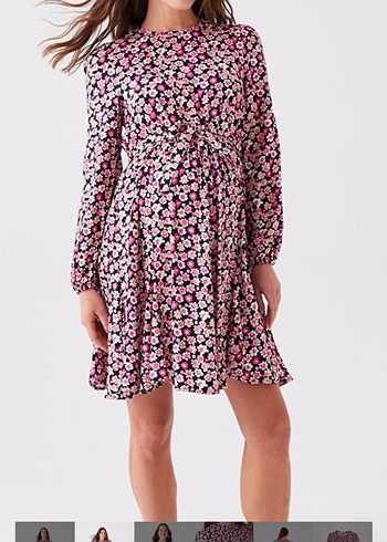 LC Waikiki Lcw Pembe Çiçek Desenli Uzun Kollu Midi Elbise