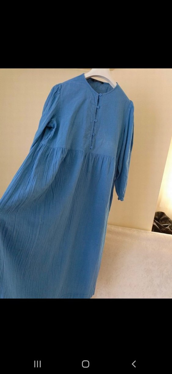 Lcwakiki mavi Keten Uzun Düğmeli Elbise - Görsel 3
