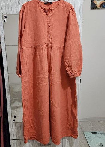 Kadın Uzun Keten Elbise, Düğmeli, Bohem Stil