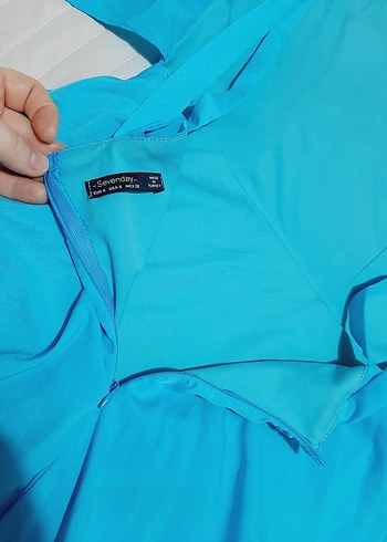 Mavi V Yakalı Midi Abiye Elbise - Görsel 7