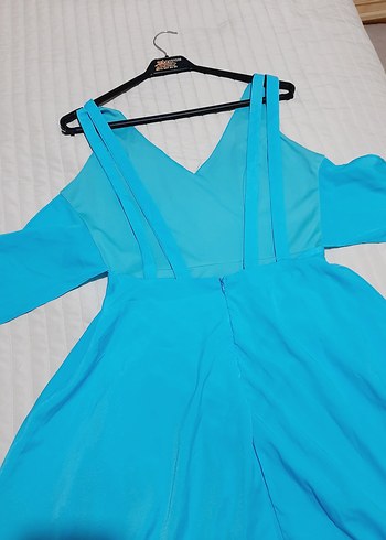 Mavi V Yakalı Midi Abiye Elbise - Görsel 6