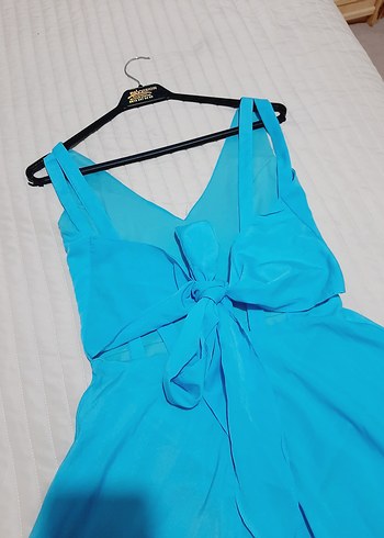 Mavi V Yakalı Midi Abiye Elbise - Görsel 9