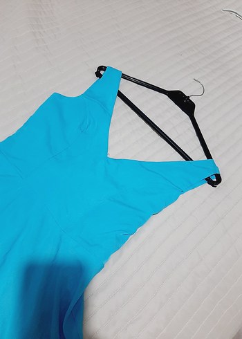 Mavi V Yakalı Midi Abiye Elbise - Görsel 3