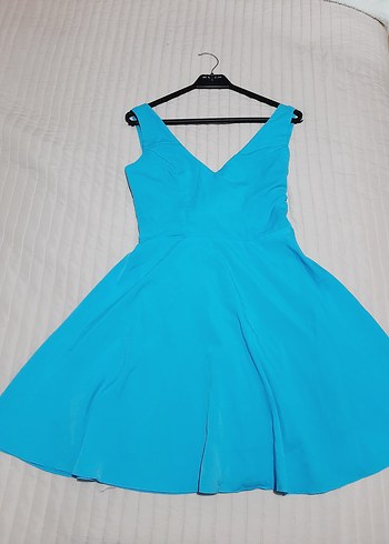 Mavi V Yakalı Midi Abiye Elbise - Görsel 2