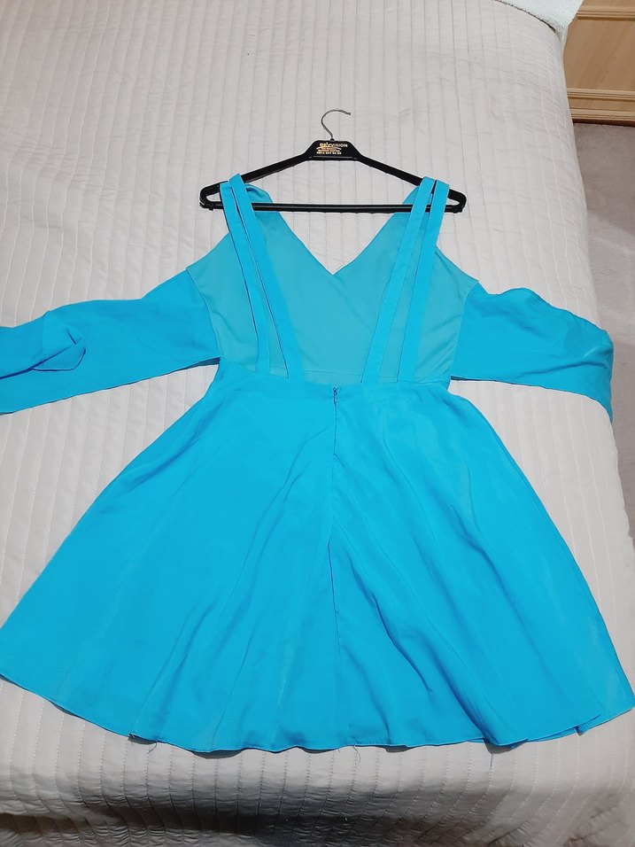 Mavi V Yakalı Midi Abiye Elbise - Görsel 5