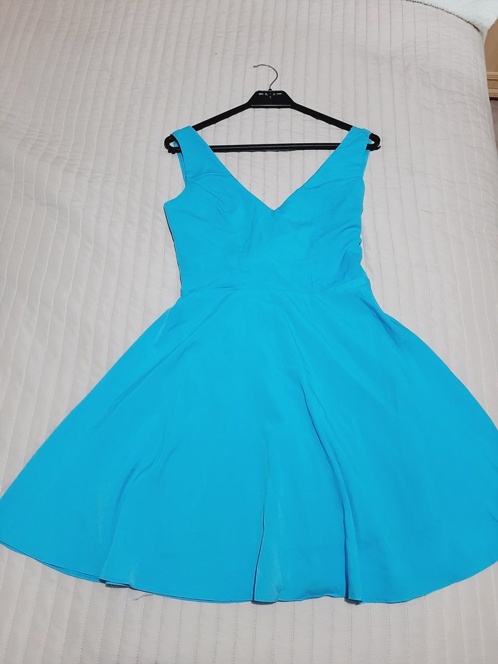 Mavi V Yakalı Midi Abiye Elbise - Görsel 2