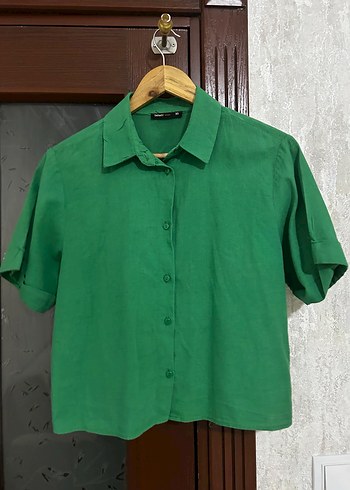 Düğmeli Yeşil Kısa Kollu Keten Gömlek - Görsel 3