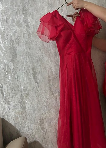 Kırmızı Drapeli Uzun Abiye Elbise - Görsel 3