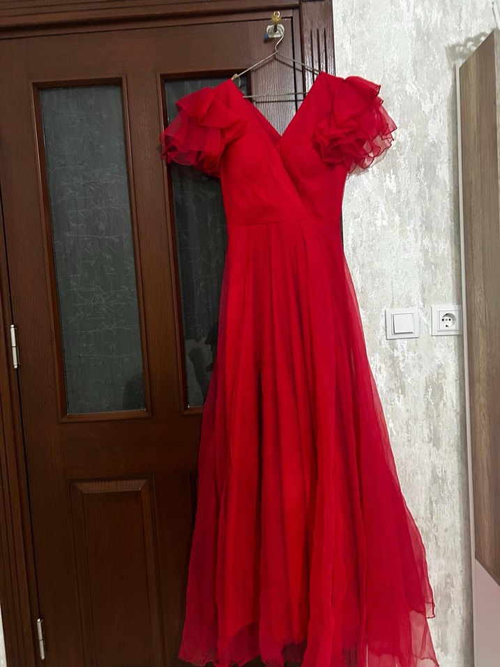 Kırmızı Drapeli Uzun Abiye Elbise - Görsel 2