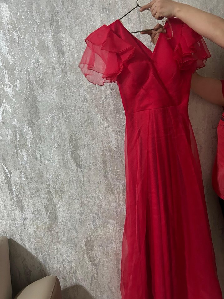 Kırmızı Drapeli Uzun Abiye Elbise - Görsel 3