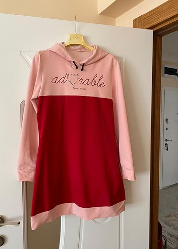 Kapüşonlu, Uzun Kollu, Pembe Midi Tunik
