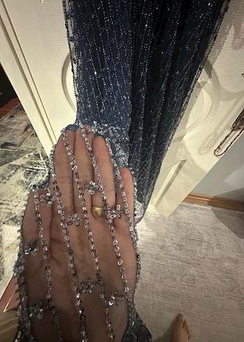 42 Beden Boncuk İşlemeli Lacivert Uzun Abiye Elbise