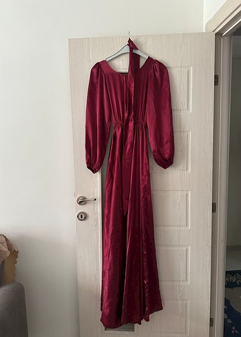 Bordo Uzun Kollu V Yaka Salaş Abiye Elbise - Görsel 4