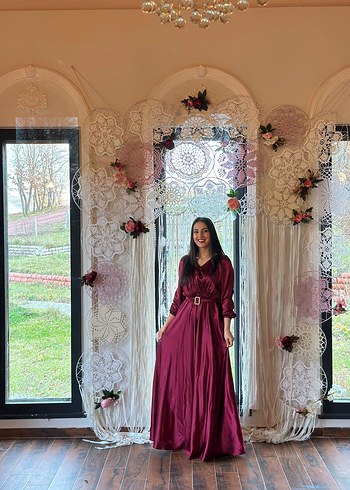 Bordo Uzun Kollu V Yaka Salaş Abiye Elbise - Görsel 2