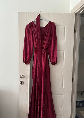 Bordo Uzun Kollu V Yaka Salaş Abiye Elbise - Görsel 3