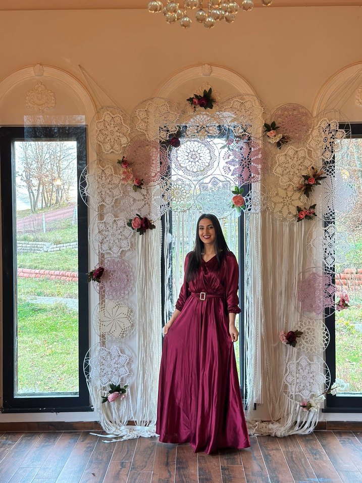 Bordo Uzun Kollu V Yaka Salaş Abiye Elbise - Görsel 2