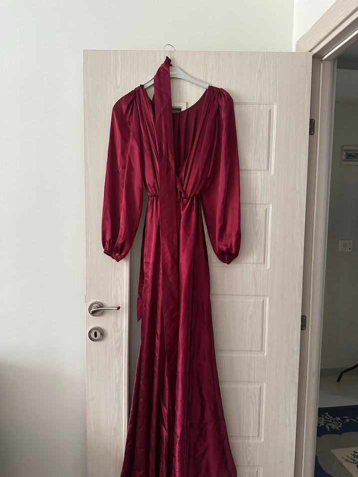 Bordo Uzun Kollu V Yaka Salaş Abiye Elbise - Görsel 3