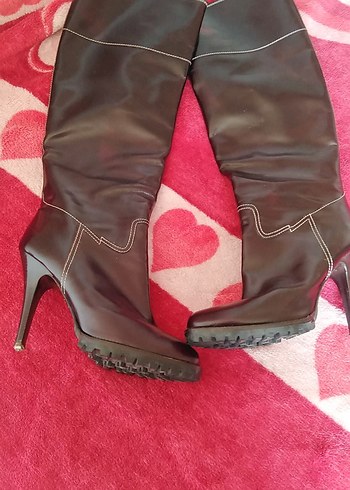 Kahverengi Deri Dizüstü Stiletto Topuklu Bot