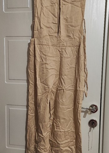 Bej Keten Kadın Uzun Tulum sırtı açık tulum - Görsel 7