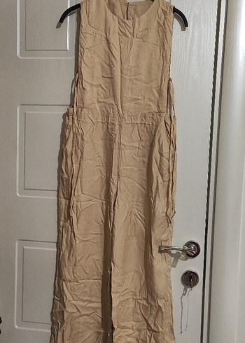 Bej Keten Kadın Uzun Tulum sırtı açık tulum - Görsel 8