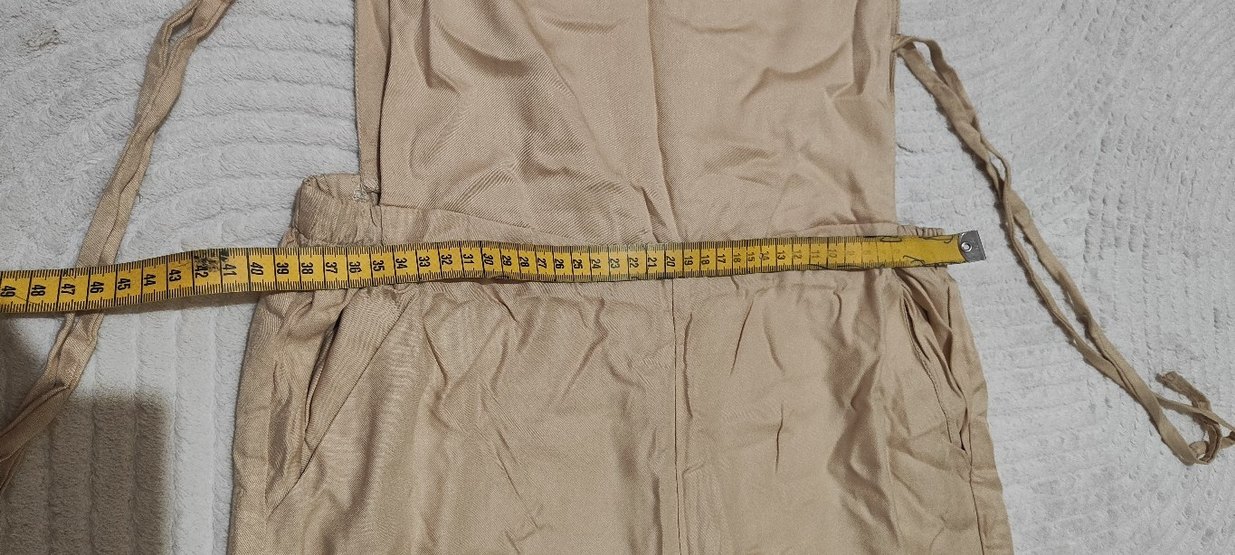 Bej Keten Kadın Uzun Tulum sırtı açık tulum - Görsel 5