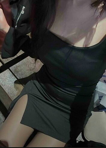 xs Beden siyah Renk Uzun kollu yan yırtmaçlı mini elbise