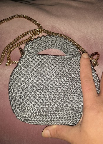 Gri Örgü Kadın Çanta Zincir Detaylı - Görsel 5