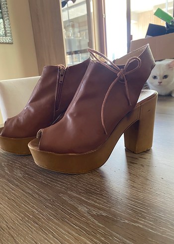 Kahverengi Deri Platform Topuklu Kadın  my  unobell bois marka - Görsel 3