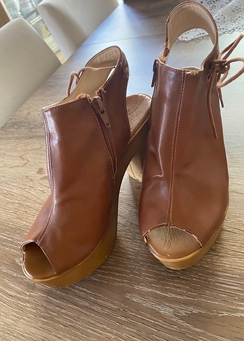 Kahverengi Deri Platform Topuklu Kadın  my  unobell bois marka - Görsel 5
