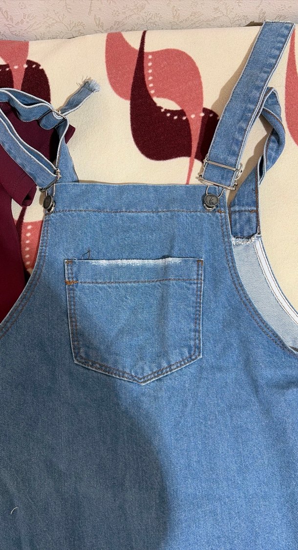 Mavi Jean Kısa Tulum, Askılı, Cepli - Görsel 2
