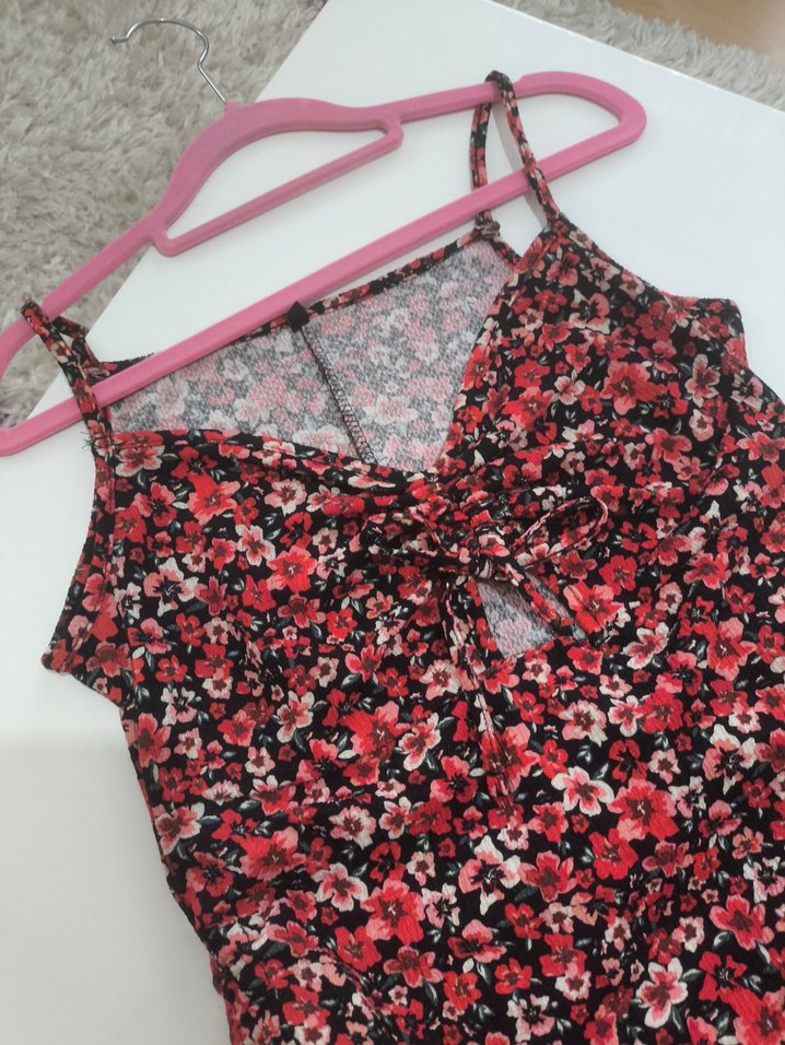 Çiçek Desenli Mini İnce Askılı Elbise - Görsel 2