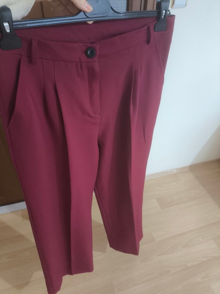 Bordo Pilili Kadın Kumaş Pantolon - Görsel 3