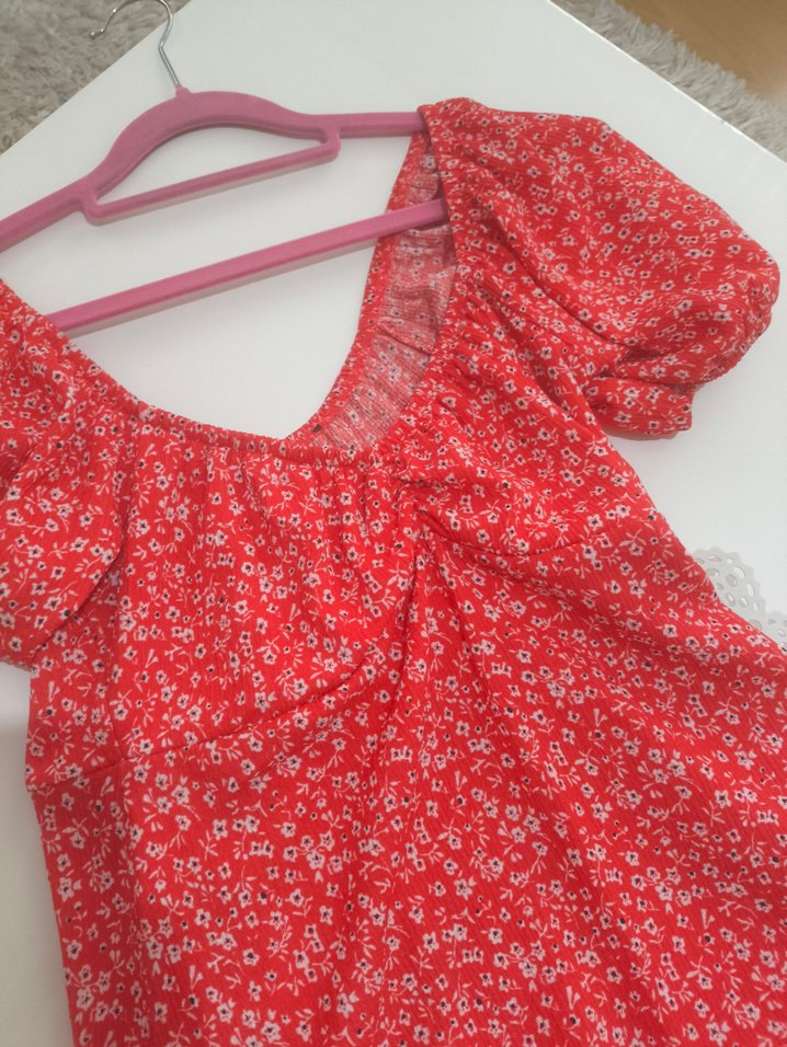 Kırmızı V Yakalı Rahat Bohem Elbise - Görsel 3