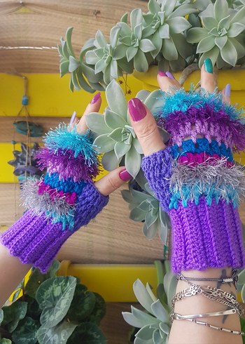 Renkli Mor Örgü Parmaksız Eldiven - Görsel 9