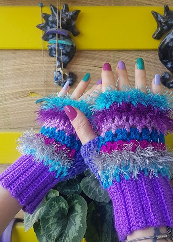 Renkli Mor Örgü Parmaksız Eldiven - Görsel 6