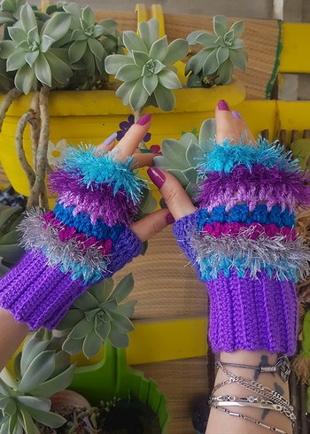 Renkli Mor Örgü Parmaksız Eldiven - Görsel 5