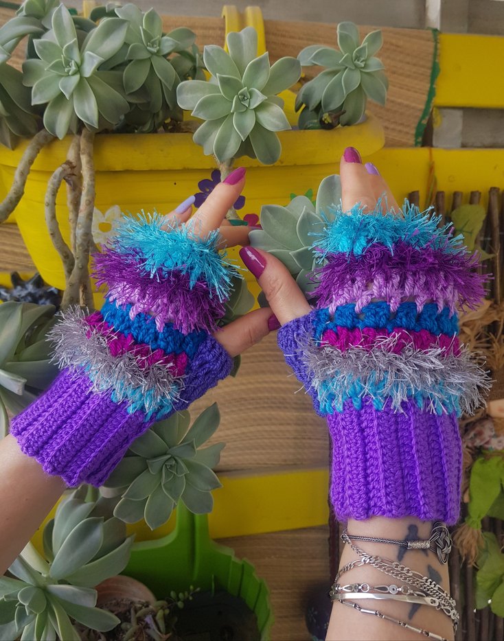 Renkli Mor Örgü Parmaksız Eldiven - Görsel 5
