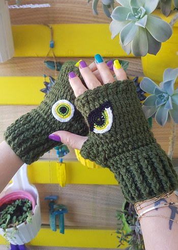Haki Yeşil Göz Motifli El Örgüsü Tasarım Eldiven - Görsel 9