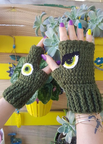 Haki Yeşil Göz Motifli El Örgüsü Tasarım Eldiven - Görsel 5