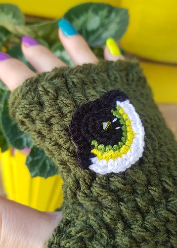 Haki Yeşil Göz Motifli El Örgüsü Tasarım Eldiven - Görsel 10