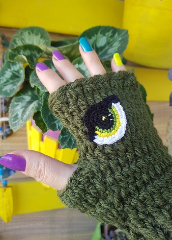 Haki Yeşil Göz Motifli El Örgüsü Tasarım Eldiven - Görsel 8