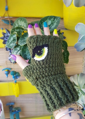 Haki Yeşil Göz Motifli El Örgüsü Tasarım Eldiven - Görsel 7