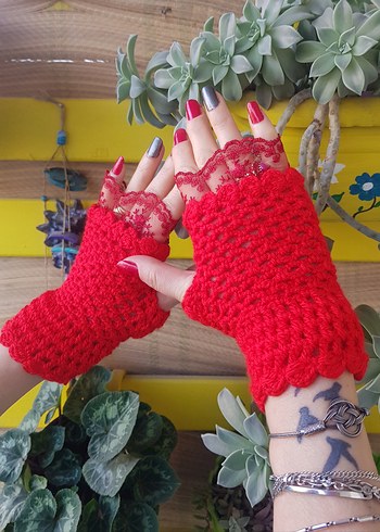 Kırmızı Dantel Detaylı Örgü Bohem Eldiven - Görsel 7