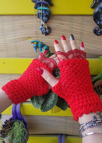 Kırmızı Dantel Detaylı Örgü Bohem Eldiven - Görsel 6